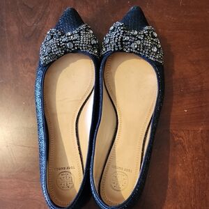 Tory Burch Navy Pointed Toe Crystal-Embellished Flats